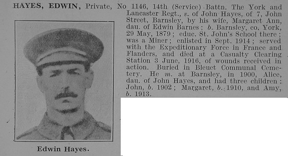 Hayes E Pte 14th York & Lancs Regiment Obit De Ruvignys Roll Of Honour Vol 3