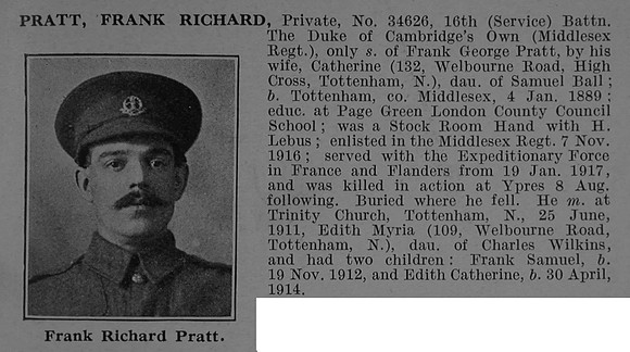 Pratt F R Pte 34626 16th Middlesex Regiment Obit De Ruvignys Roll Of Honour Vol 4