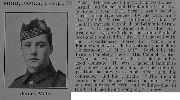 Moir J L/Cpl 14th Argyll & Sutherland Highlanders Obit De Ruvignys Roll Of Honour Vol 3
