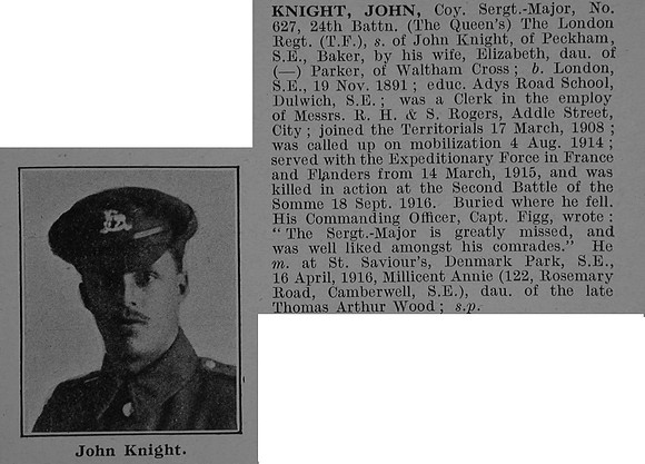 Knight J Coy Sergt Major 627 24th London Regiment (The Queens) Obit De Ruvignys Roll Of Honour Vol 4