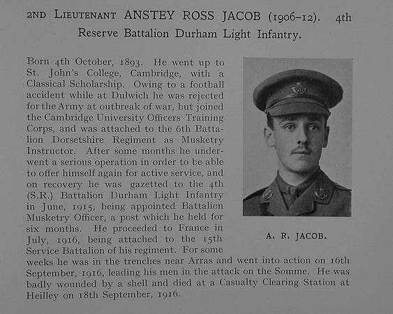 Jacob A R 2nd Lt 4th Durham Light Infantry Obit Dulwich College Roll Of Honour