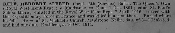 Relf H A Cpl G-13010 6th Queen's Own (Royal West Kent Regiment) Short Obit De Ruvignys Roll Of Honour Vol 4