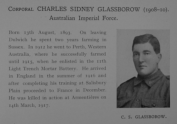 Glassborow C S Cpl 309 Australian Light Trench Mortar Battery Obit Dulwich College Roll Of Honour
