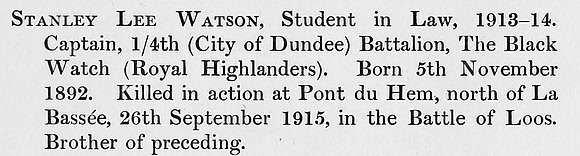 Watson S L Captain 4th Black Watch Obit St Andrews University Roll Of Honour