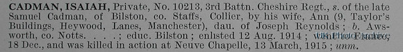 Cadman I Pte 10213 3rd Cheshire Regiment Short Obituary De Ruvignys Roll Of Honour Vol 1