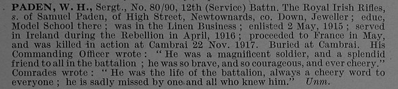 Paden W H Sergt 90 12th Royal Irish Rifles Obit De Ruvignys Roll Of Honour Vol 4