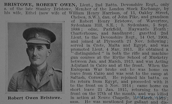 Bristowe R O Lt 2nd Devonshire Regiment Obit Part 1 De Ruvignys Roll Of Honour Vol 1