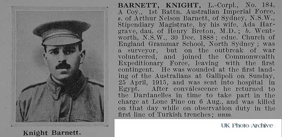 Barnett K L/Cpl 184 1st Australian Imperial Force Obit