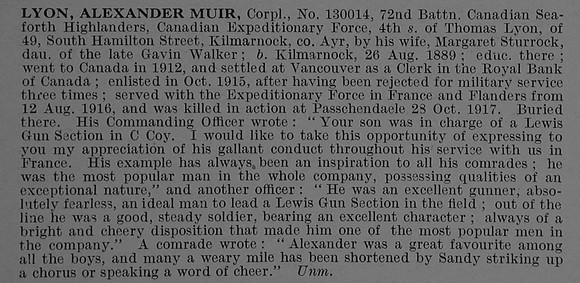 Lyon A M Cpl 130014 72nd Canadian Infantry (British Columbia Regiment) Obit De Ruvignys Roll Of Honour Vol 4