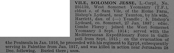 Vile S J L/Cpl 295139 West Somerset Yeomanry Obit De Ruvignys Roll Of Honour Vol 4