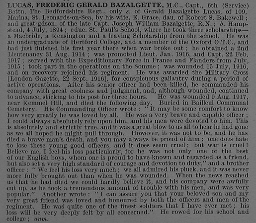 Lucas F G B Captain MC 6th Bedfordshire Regiment Obit De Ruvignys Roll Of Honour Vol 4