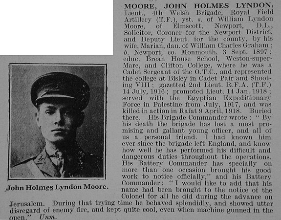 Moore J H L Lt Royal Field Artillery Obit De Ruvignys Roll OIf Honour Vol 5