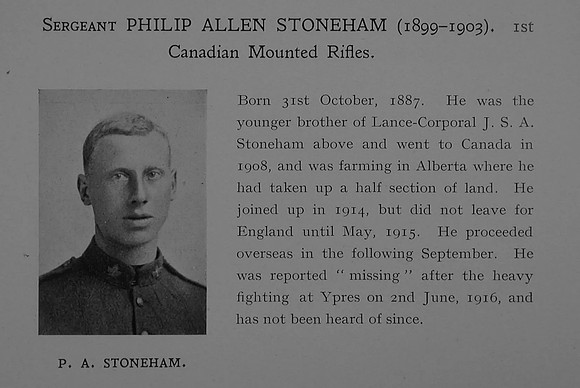 Stoneham P A LCpl 108558 1st Canadian Mounted Rifles (Saskatchewan Regiment) Obit Dulwich College Roll Of Honour