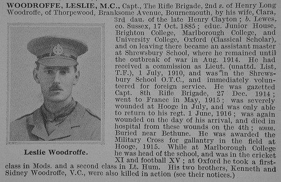 Woodroffe L Captain MC 8th Rifle Brigade Obit De Ruvignys Roll Of Honour Vol 1