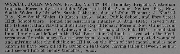 Wyatt J W Pte 167 18th Australian Infantry, A.I.F. Obit De Ruvignys Roll Of Honour Vol 4