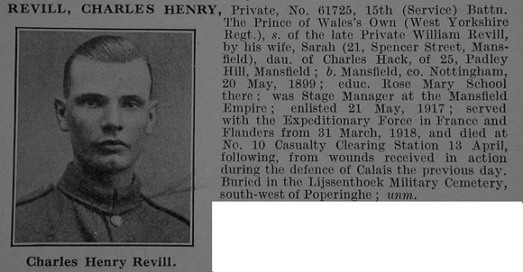 Revill C H Pte 61725 15th West Yorkshire Regiment Obit De Ruvignys Roll Of Honour Vol 4
