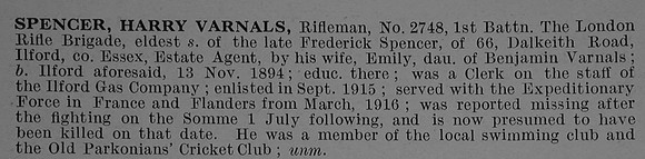 Spencer H V Rfn 2748 5th London Regiment (London Rifle Brigade) Obit De Ruvignys Roll Of Honour Vol 4