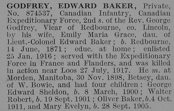 Godfrey E B Pte Canadian Expeditionary Force Obit De Ruvignys Roll Of Honour Vol 3