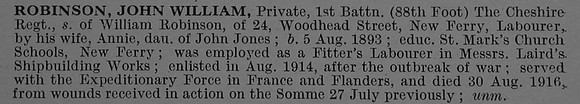 Robinson J W Pte 10581 1st Cheshire Regiment Obit De Ruvignys Roll Of Honour Vol 4