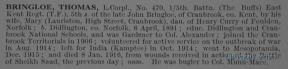Bringloe T L/Cpl 470 5th East Kent Regiment Obit De Ruvignys Roll Of Honour Vol 1