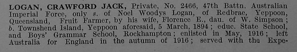 Logan C J Pte 2466 47th Australian Infantry, A.I.F. Obit Part 1 De Ruvignys Roll Of Honour Vol 4