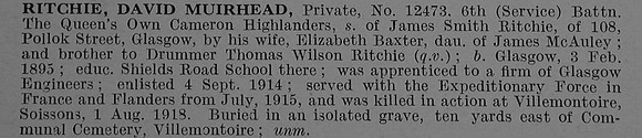Ritchie D M Pte 12473 6th Cameron Highlanders Obit De Ruvignys Roll Of Honour Vol 4