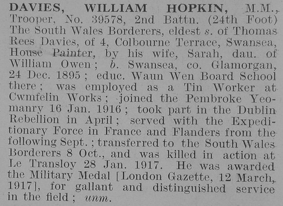 Davies W H Tpr MM 2nd South Wales Borderers Obit De Ruvignys Roll Of Honour Vol 3