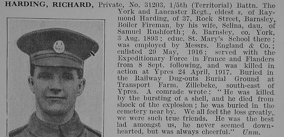 Harding R Pte 5th York & Lancs Regiment Obit De Ruvignys Roll Of Honour Vol 3