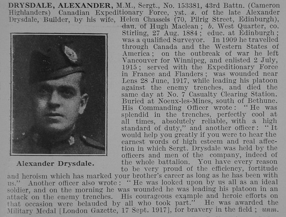 Drysdale A A Sergt MM 43rd Canadian Expeditionary Force Obit De Ruvignys Roll Of Honour Vol 3