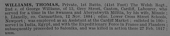 Williams T Pte 9596 1st Welsh Regiment Obit De Ruvignys Roll Of Honour Vol 4