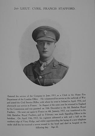 Stafford C 2nd Lt 24th Royal Fusiliers Northern Assurance Co War Record
