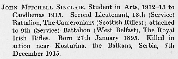 Sinclair J M 2nd Lt 13th Cameronians Obit St Andrews University Roll Of Honour