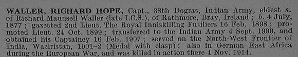 Waller R H Captain Indian Army Short Obit De Ruvignys Roll Of Honour Vol 4