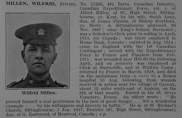 Millen W Pte 11266 4th Canadian Infantry Obit De Ruvignys Roll Of Honour Vol 5
