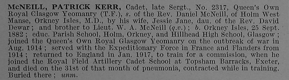 McNeil P K Cadet Royal Field Artillery Attd From Glasgow Yeomanry (Queen's Own Royal) Obit De Ruvignys Roll Of Honour Vol 4