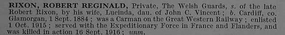 Rixon R R Pte 2062 1st Welsh Guards Short Obit De Ruvignys Roll Of Honour Vol 4