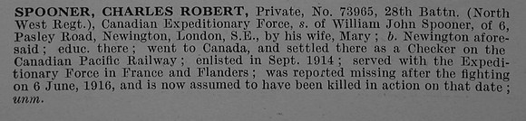 Spooner C R Pte 73965 28th Canadian Infantry (Saskatchewan Regiment) Obit De Ruvignys Roll Of Honour Vol 4