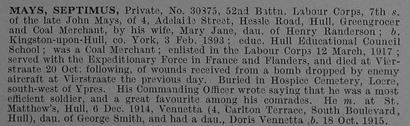 Mays S Pte 30875 Labour Corps Obit De Ruvignys Roll Of Honour Vol 4