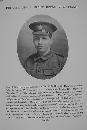 Williams L F B Pte 682743 22nd London Regiment Northern Assurance Co War Record