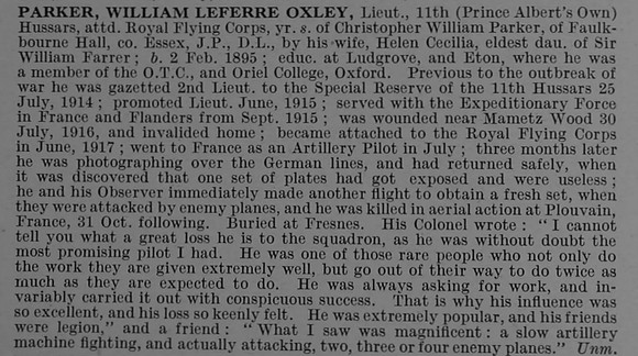 Parker W L O Lt 11th Hussars Attd Royal Flying Corps Obit De Ruvignys Roll Of Honour Vol 4