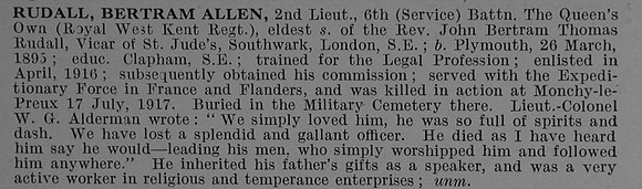 Rudall B A 2nd Lt 6th Royal West Kent Regiment Obit De Ruvignys Roll Of Honour Vol 4
