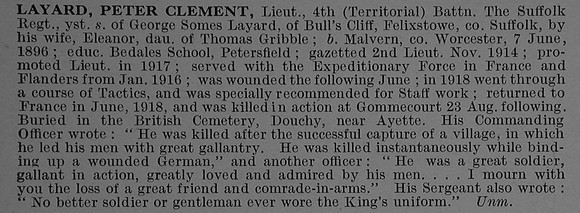 Layard P C Lt 4th Suffolk Regiment Obit De Ruvignys Roll Of Honour Vol 4