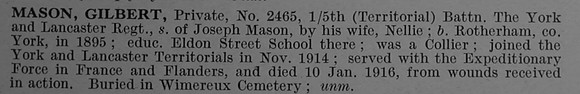 Mason G Pte 2465 5th York & Lancaster Regiment Short Obit De Ruvignys Roll Of Honour Vol 4