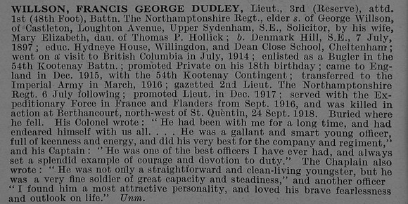 Willson F G D Lt 3rd Attd 1st Northamptonshire Regiment Obit De Ruvignys Roll Of Honour Vol 4