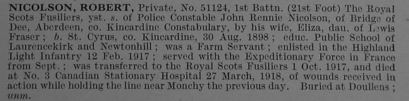 Nicolson R Pte 51124 1st Royal Scots Fusiliers Obit De Ruvignys Roll Of Honour Vol 4