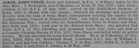Amos J V Lt Royal Field Artillery Obit De Ruvignys Roll Of Honour Vol 4
