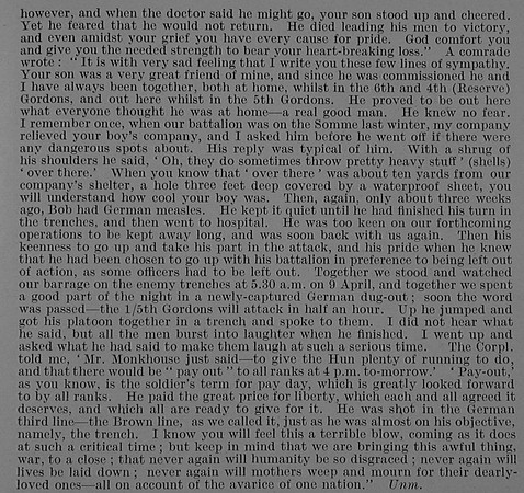 Monkhouse R A 2nd Lt 6th Gordon Highlanders Obit Part 2 De Ruvignys Roll Of Honour Vol 3