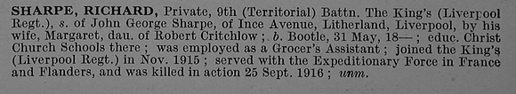 Sharpe R Pte 267322 9th The King's (Liverpool Regiment) Short Obit De Ruvignys Roll Of Honour Vol 4