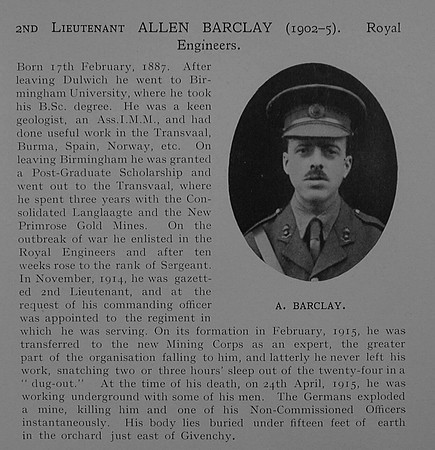 Barclay A 2nd Lt Royal Engineers Obit Dulwich College Roll Of Honour