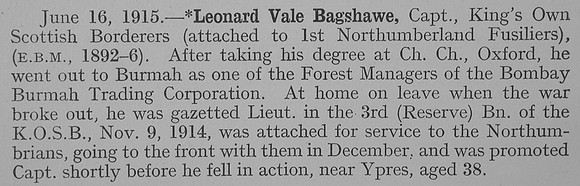 Bagshawe L V Captain 3rd Kings Own Scottish Borderers Obit Shrewsbury School Roll Of Service